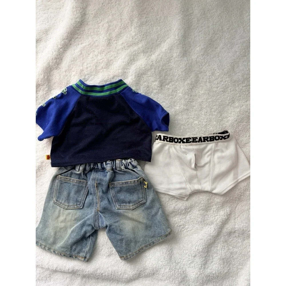 Build‑A‑Bear Blue & Green Stripe Shirt, Jeans & Boxers – Authentic BAB